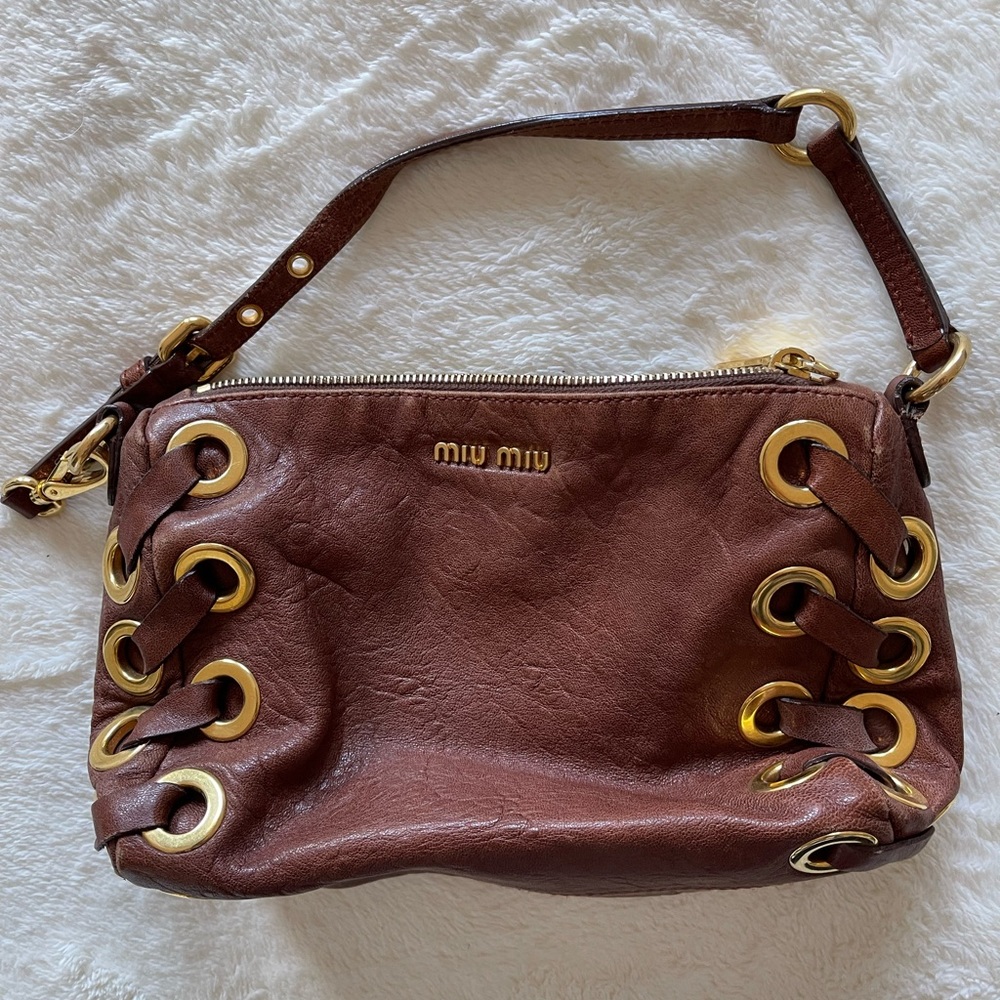 MIU MIU Brown Leather Eyelet Pochette Clutch